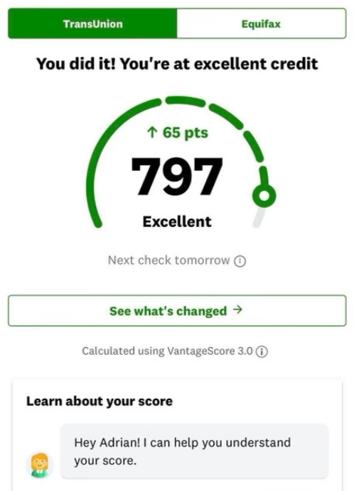 Client score screenshot: 797 Excellent, up 65 points