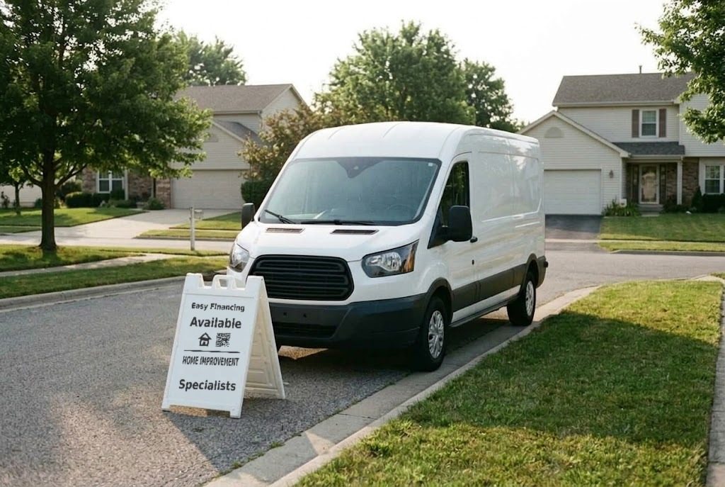 Illustration: white work van parked on a residential street with an A-frame sign reading Easy Financing Available, Home Improvement Specialists
