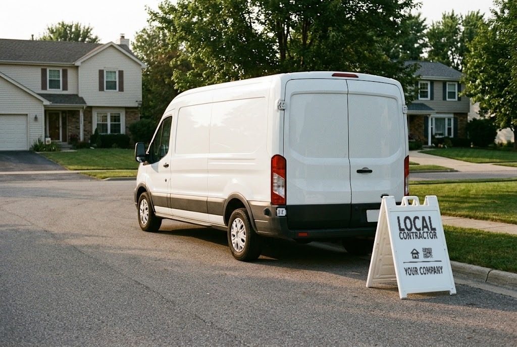 Illustration: rear view of a white work van on a residential street with an A-frame sign reading Local Contractor, Your Company