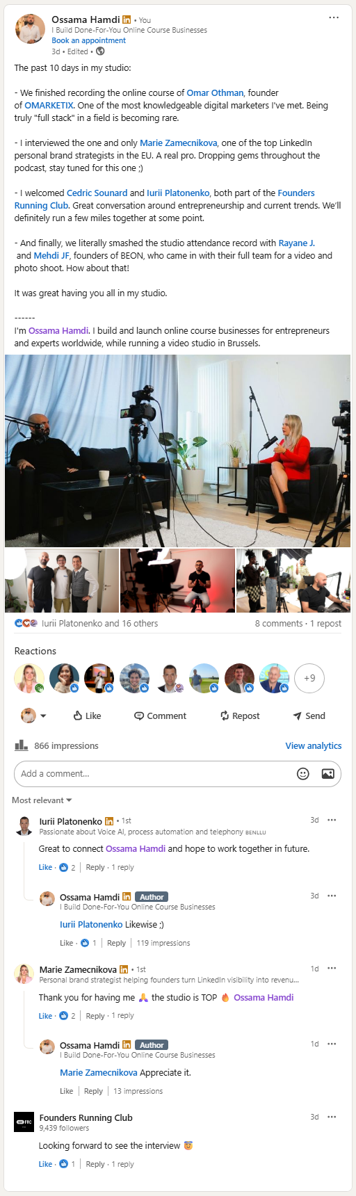 LinkedIn post showing Brandamax studio activity
