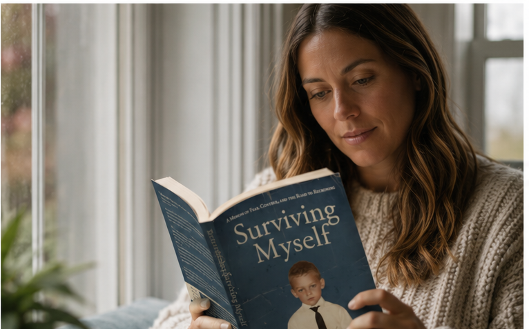 Person reading Surviving Myself by a window
