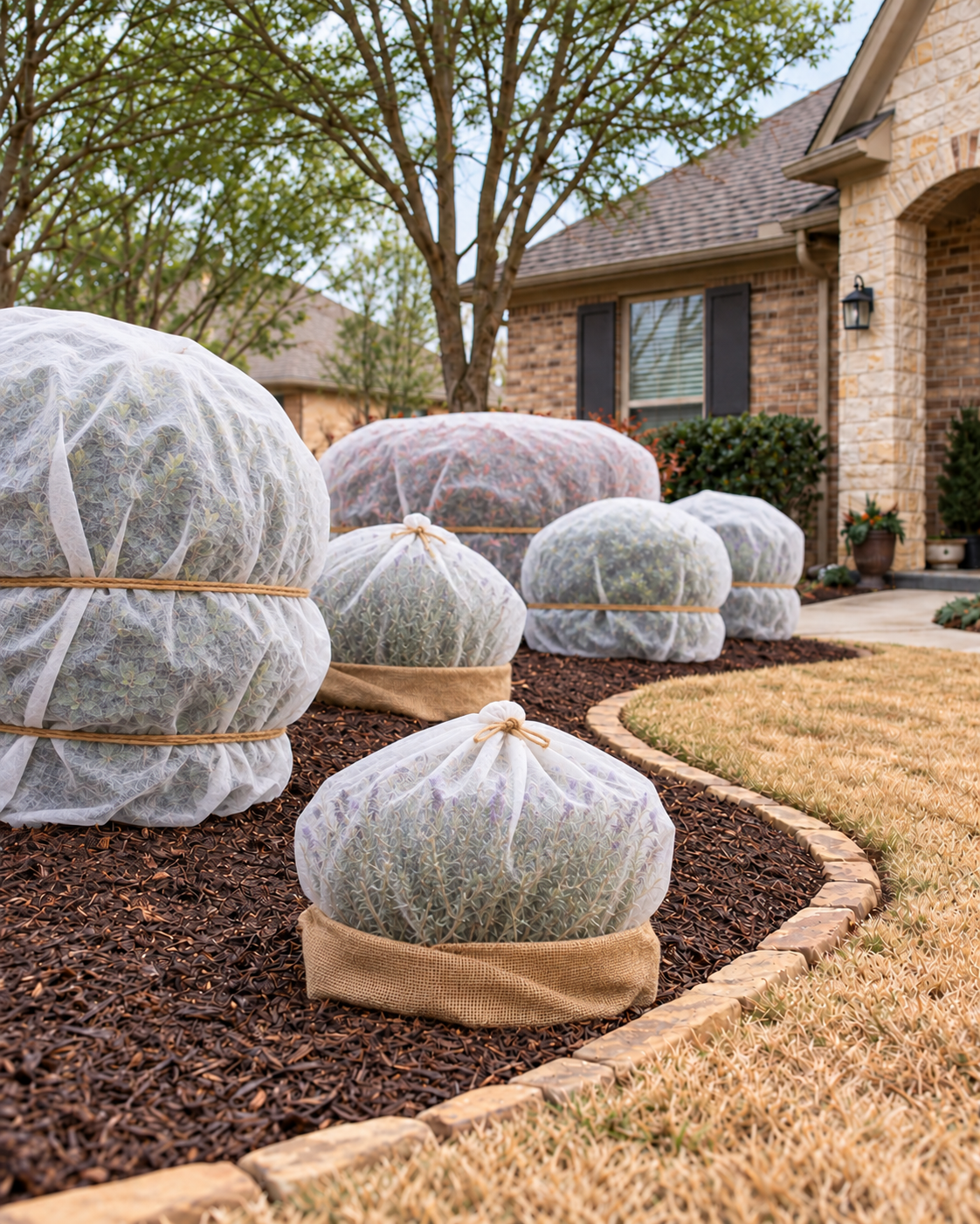 Trees and plants professionally wrapped and insulated for freezing temperatures