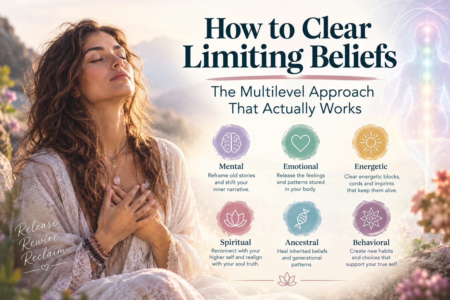 woman in meditation releasing limiting beliefs, soul level belief clearing karolina