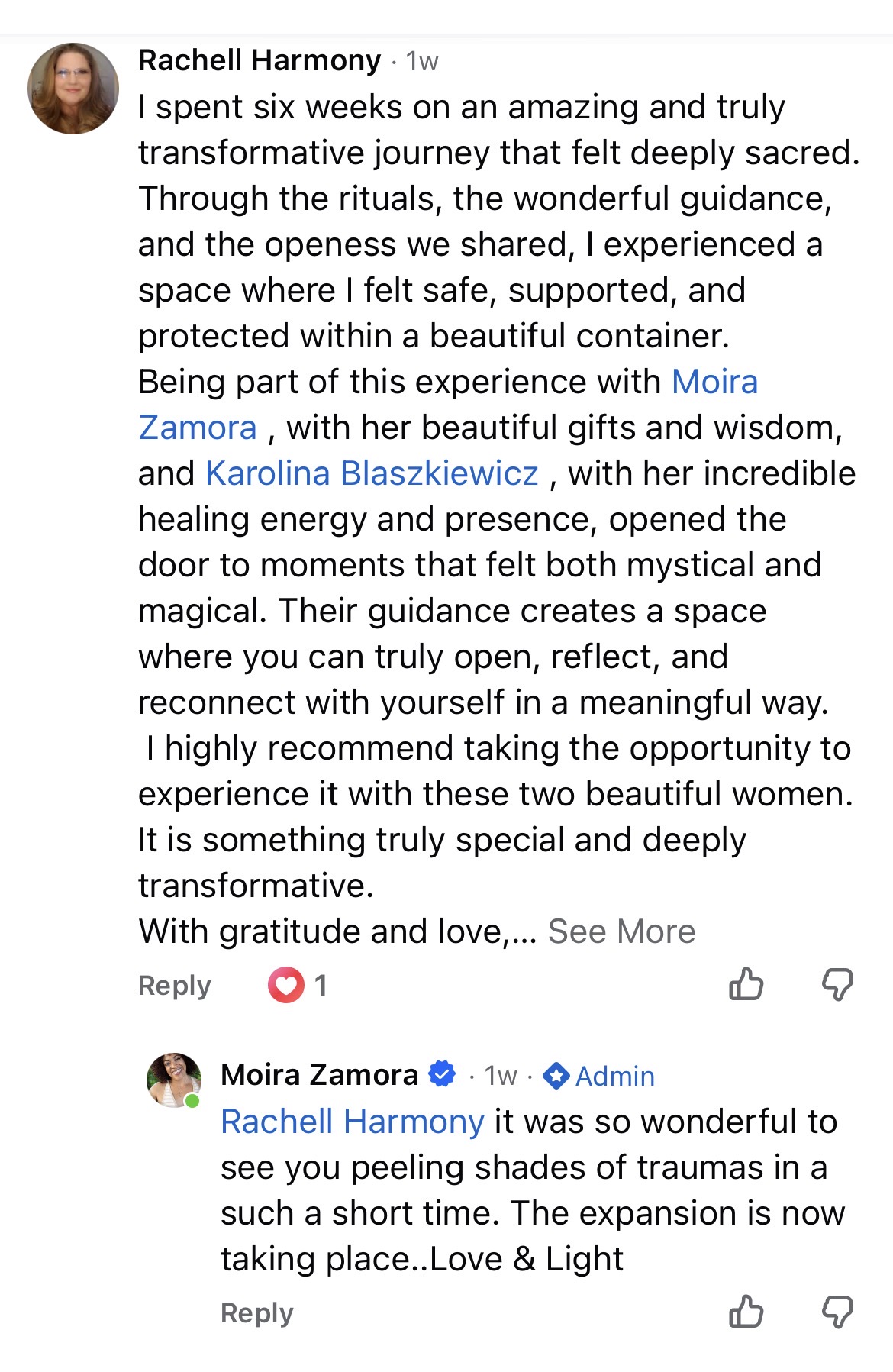 Facebook testimonial: Rachell Harmony