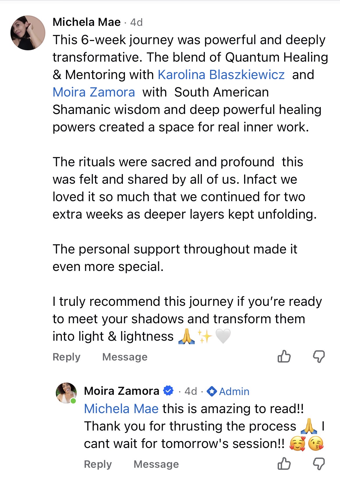 Facebook testimonial: Michela Mae