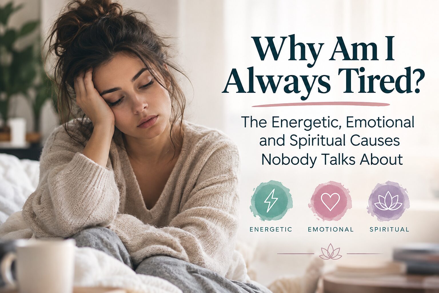 woman exhausted sitting on bed, energy healing for tired women karolina