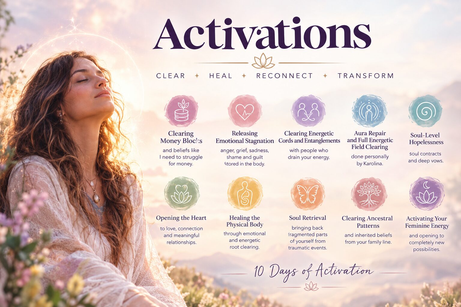 10 Days of Activation: clear, heal, reconnect, transform. Ten activation themes from clearing money blocks to activating your feminine energy.