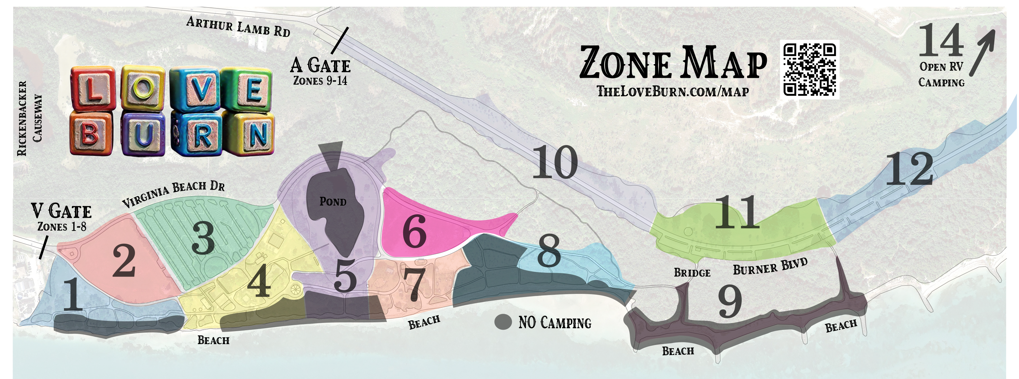 Official 2026 Love Burn zone map showing numbered zones and RV open camping on Virginia Key