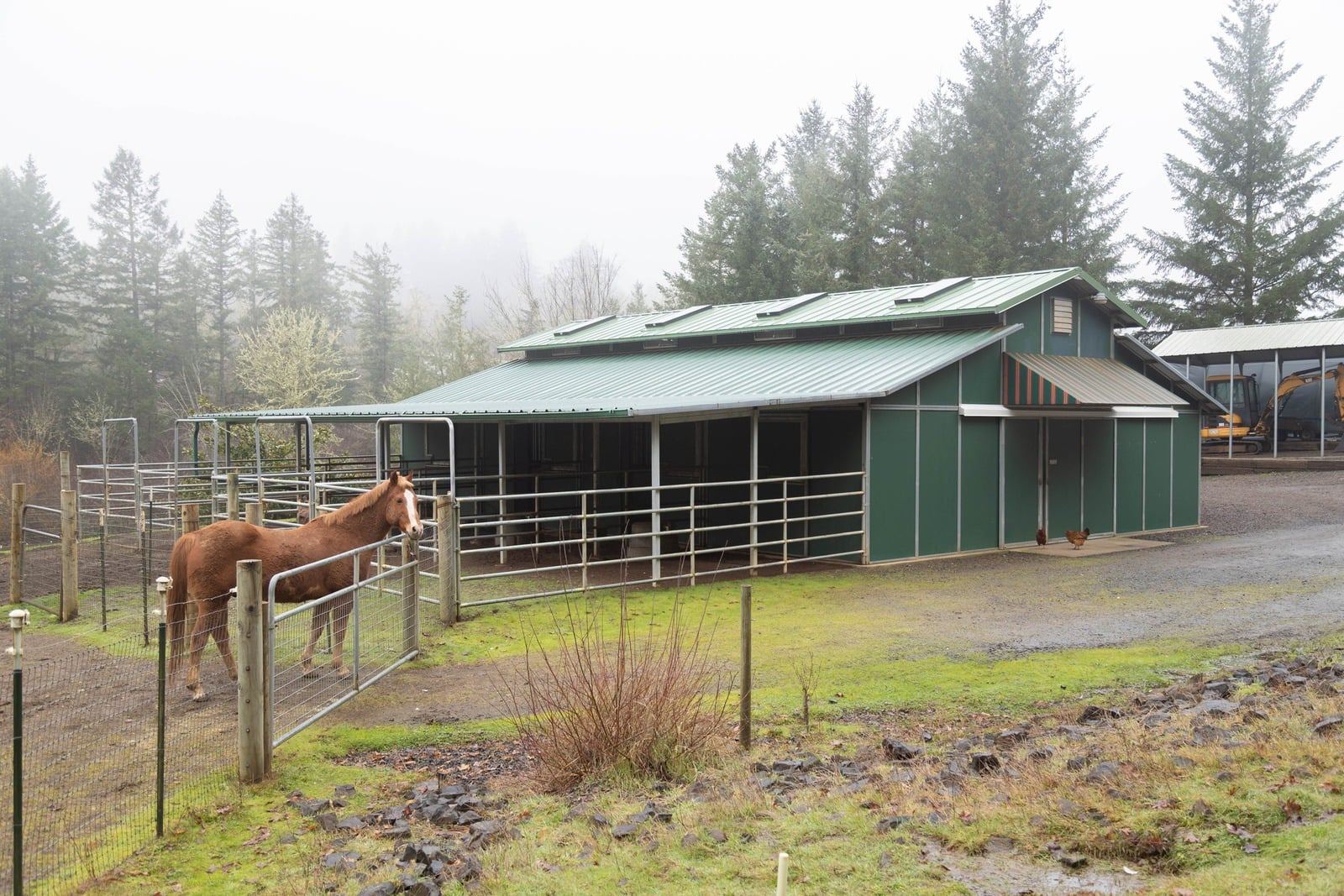 Gardens and forested hills at The Barnhart Homestead in Dallas, Oregon