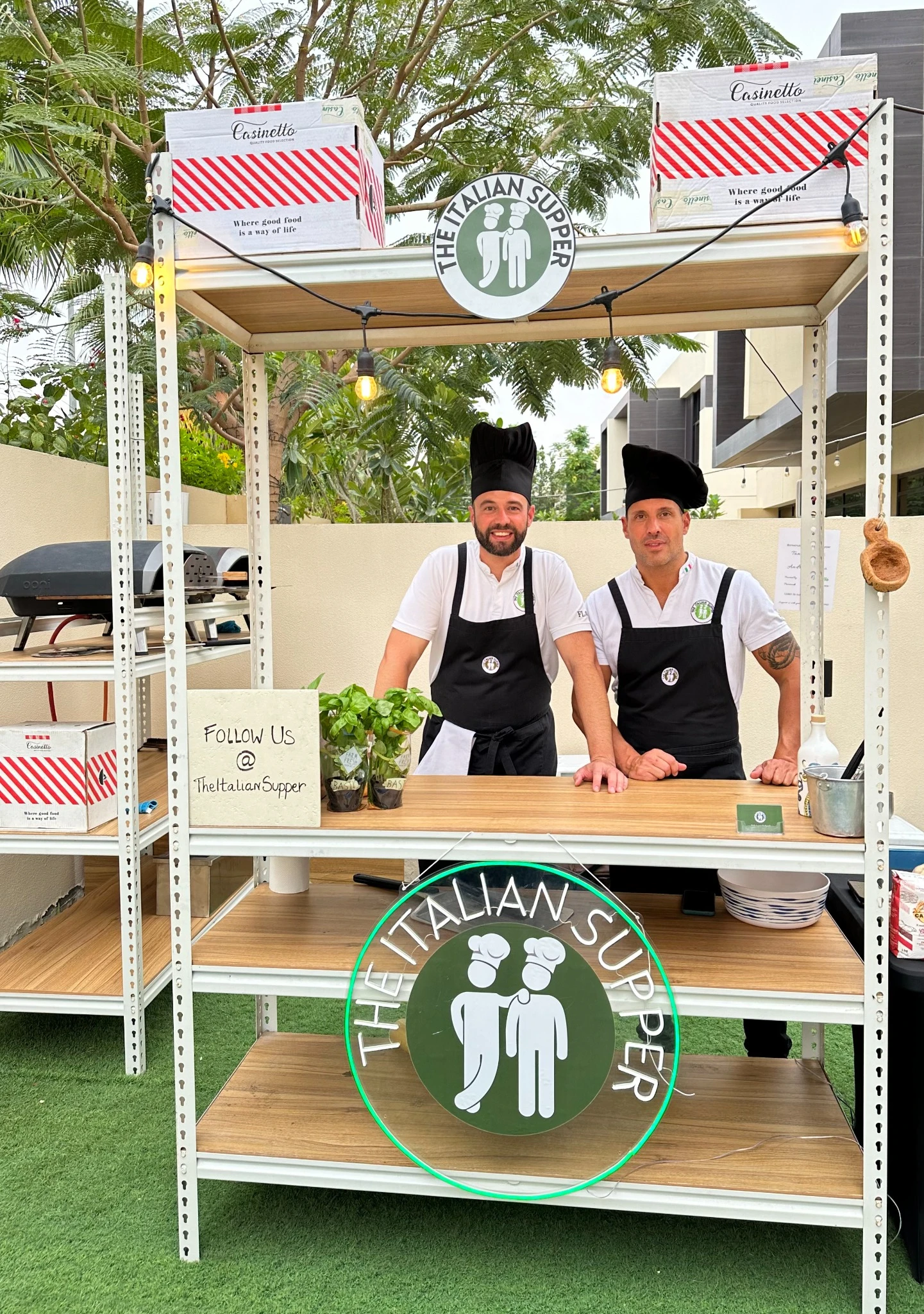 The Italian Supper chefs at their event setup in Dubai, offering authentic Italian catering for private parties and festivals.