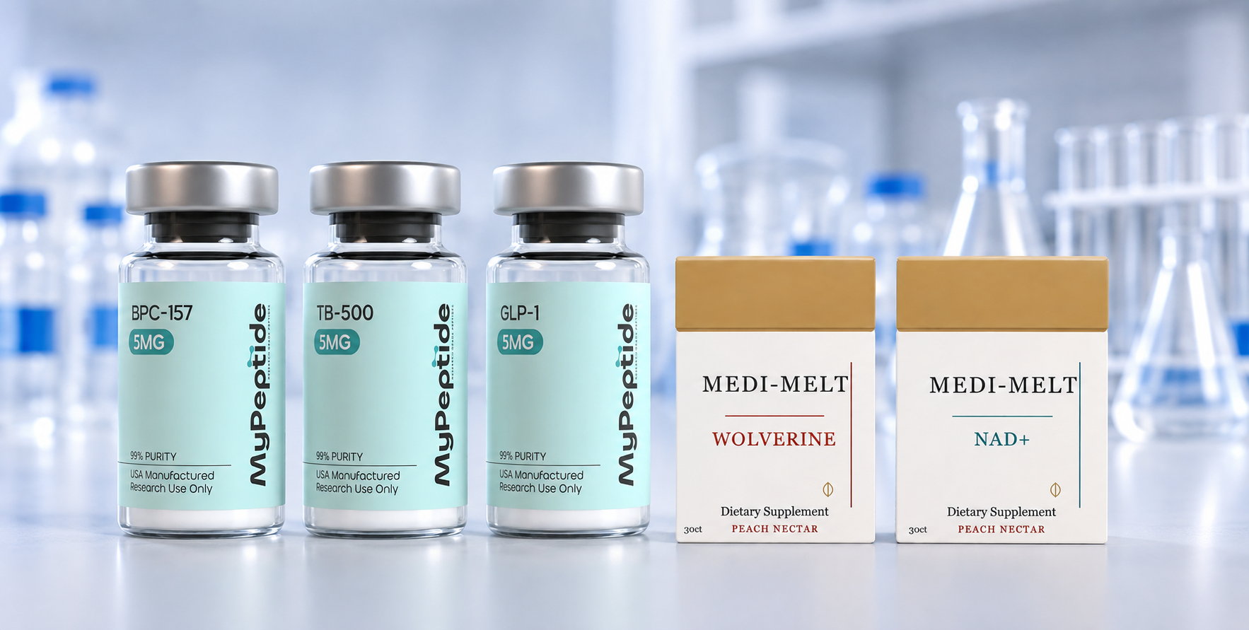 BPC-157, TB-500, and GLP-1 research peptide vials in a laboratory