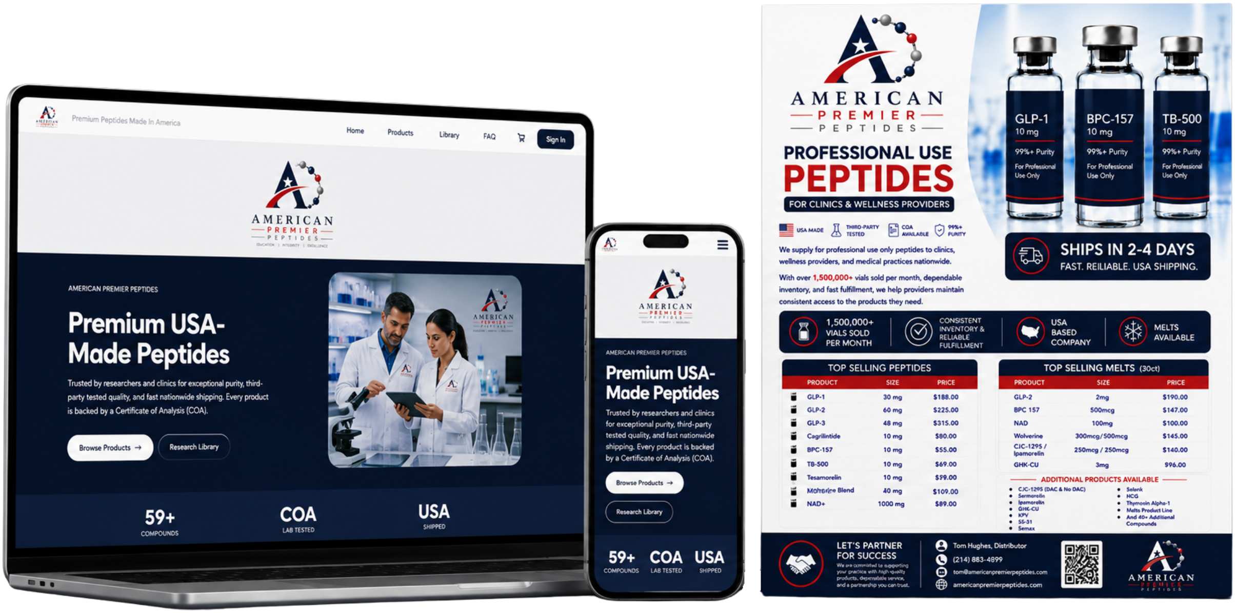 American Premier Peptides distributor website displayed on a laptop and mobile phone alongside a branded marketing flyer