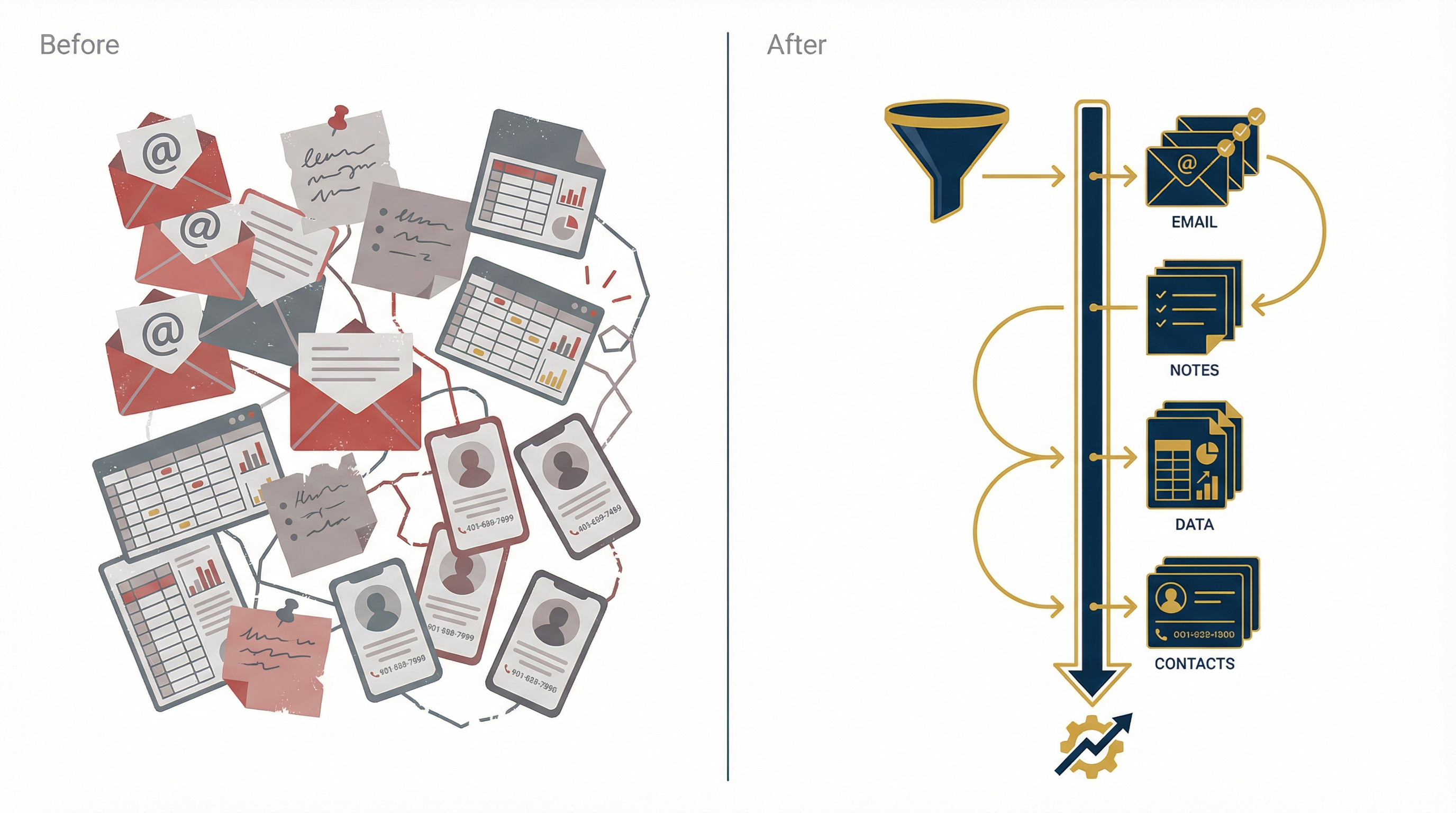Before and after comparison showing scattered data on the left and an organized CRM pipeline on the right Before and after comparison showing scattered data on the left and an organized CRM pipeline on the right