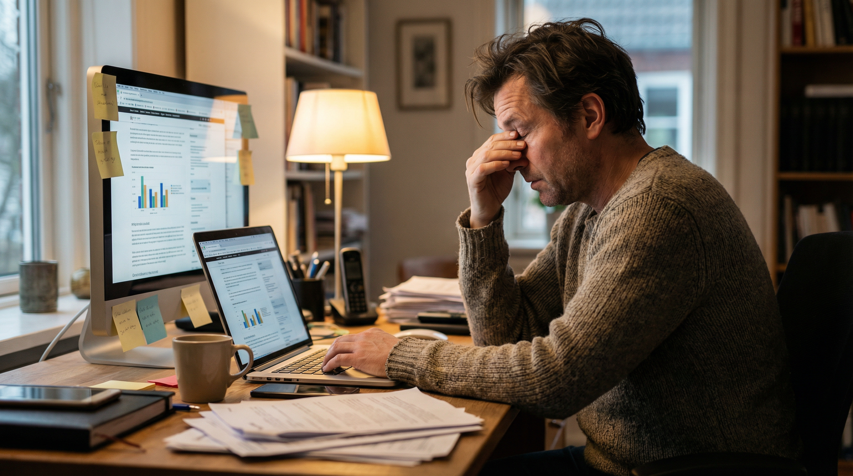 Small business owner overwhelmed by multiple marketing dashboards and sticky notes Small business owner overwhelmed by multiple marketing dashboards and sticky notes