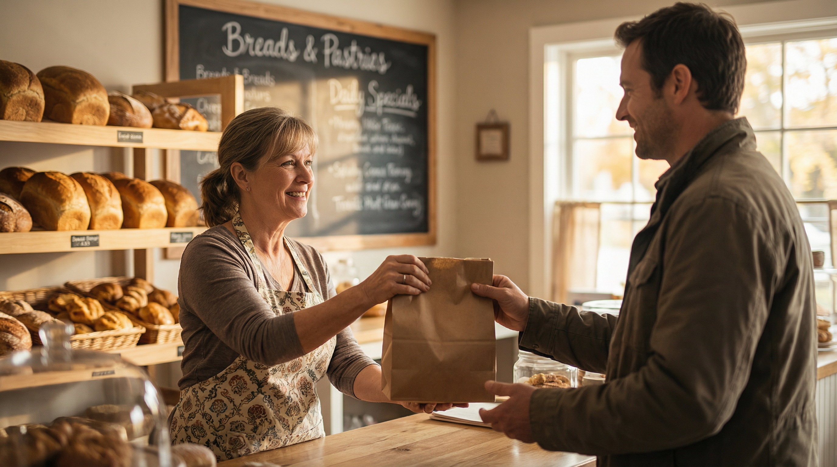Bakery owner smiling and handing a bag to a regular customer at the counter