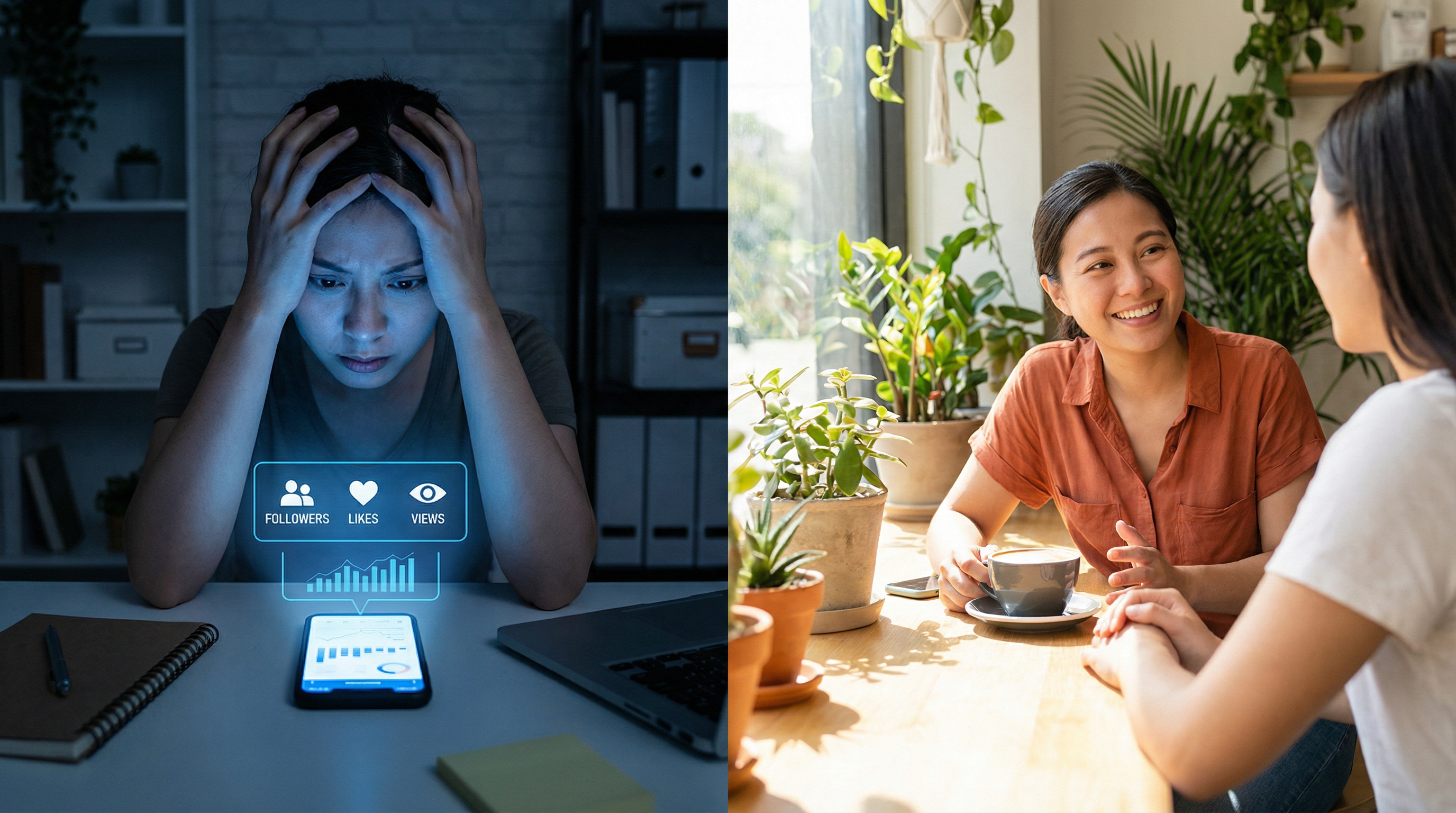 Split image showing a person stressed by social media metrics on the left and two people having a genuine conversation on the right