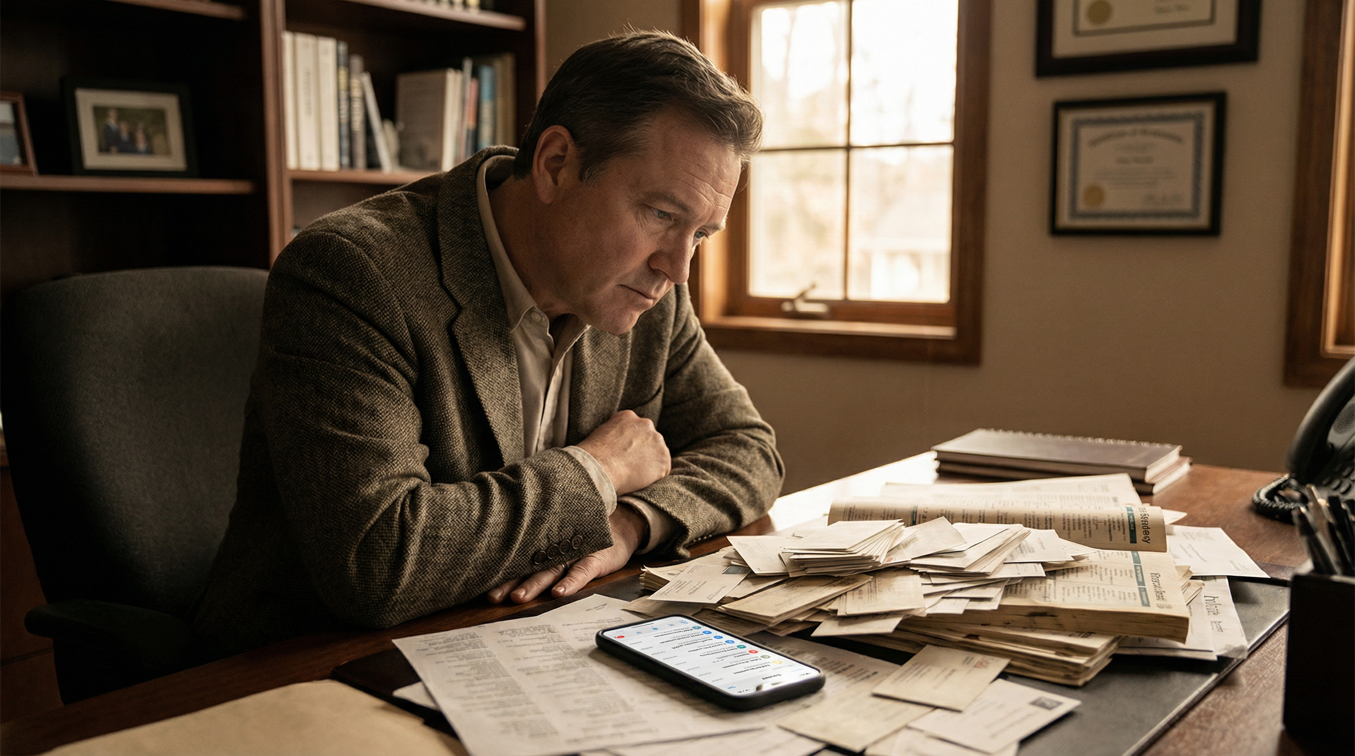 Business owner staring at a pile of old business cards and contact lists on his desk, with unanswered messages on his phone