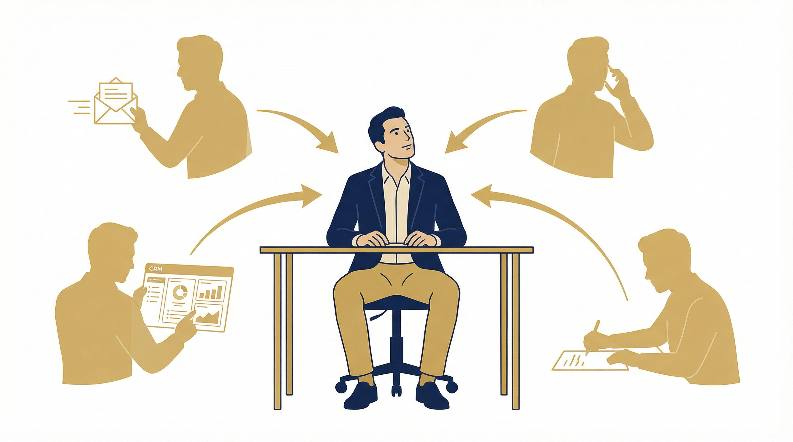 Illustration of a business owner at a desk surrounded by four gold silhouettes of himself doing different tasks, with arrows flowing information back to the center