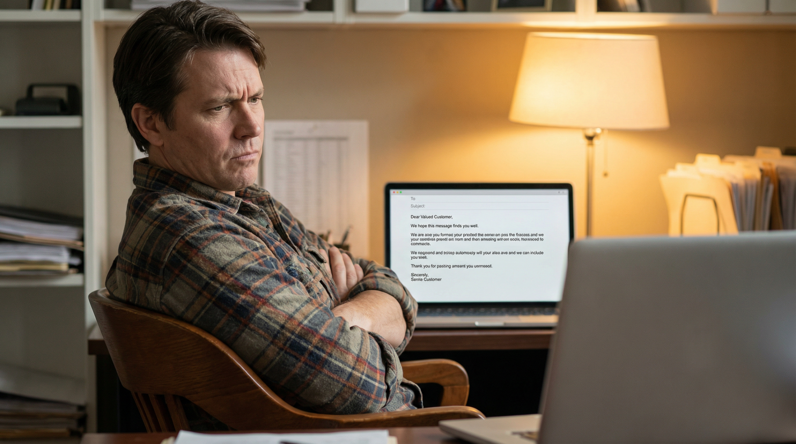 Business owner reading a generic AI-generated email on his laptop with arms crossed and a skeptical expression