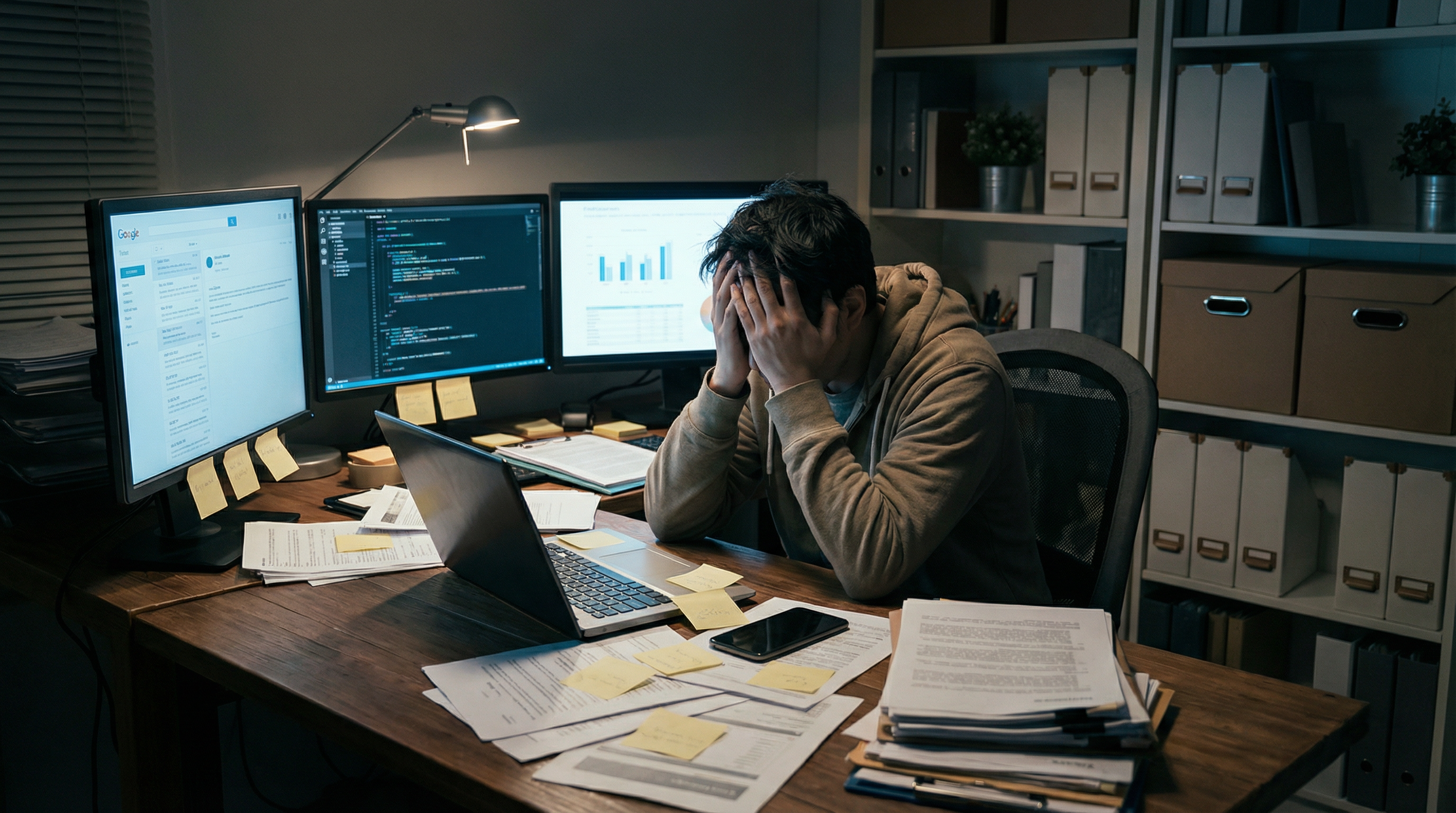 Exhausted entrepreneur at a desk covered in papers and multiple monitors, overwhelmed by trying to do everything alone