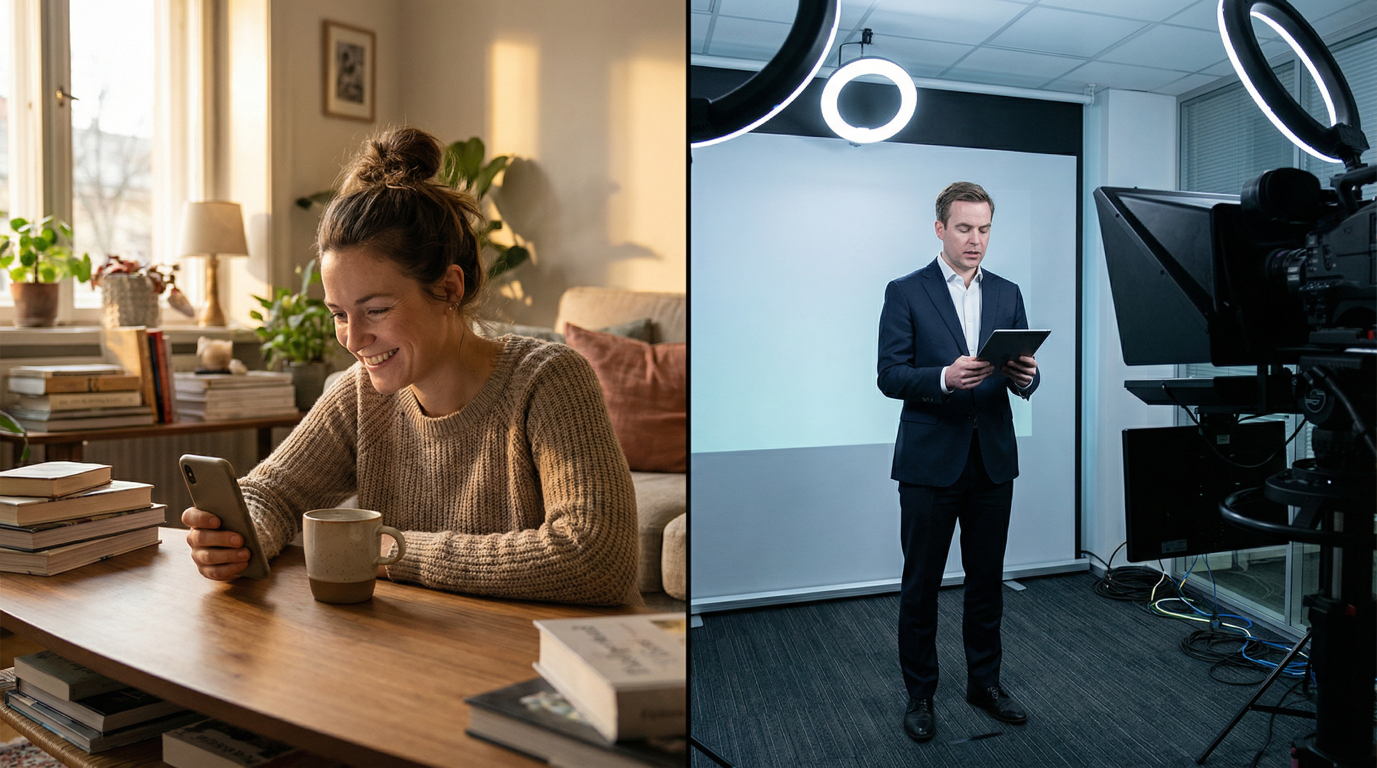 Split photo showing a person casually recording a genuine video on their phone on the left versus a stiff corporate video production setup on the right