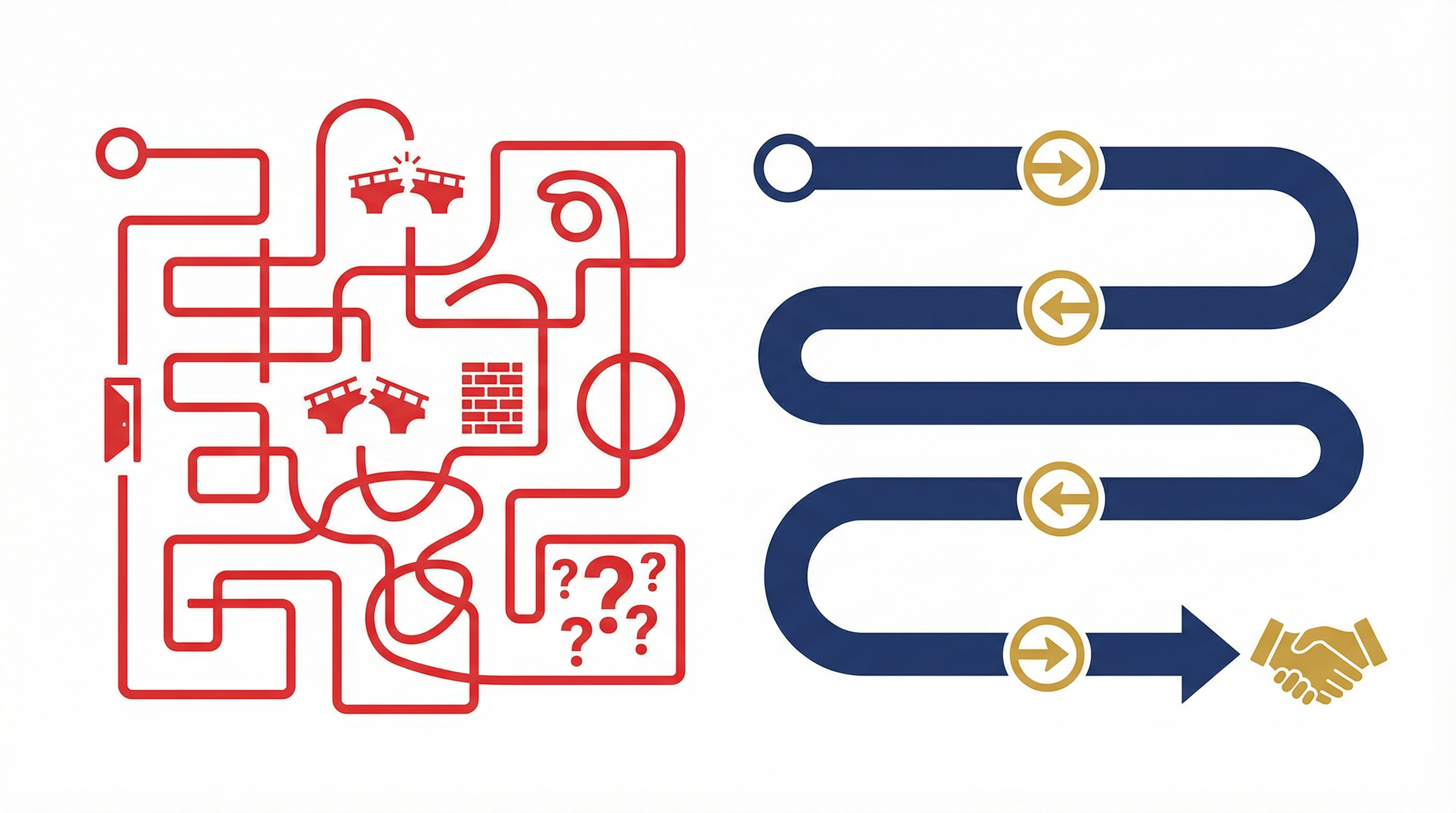 Side-by-side comparison of a tangled red customer journey maze versus a clean navy and gold direct path ending in a handshake