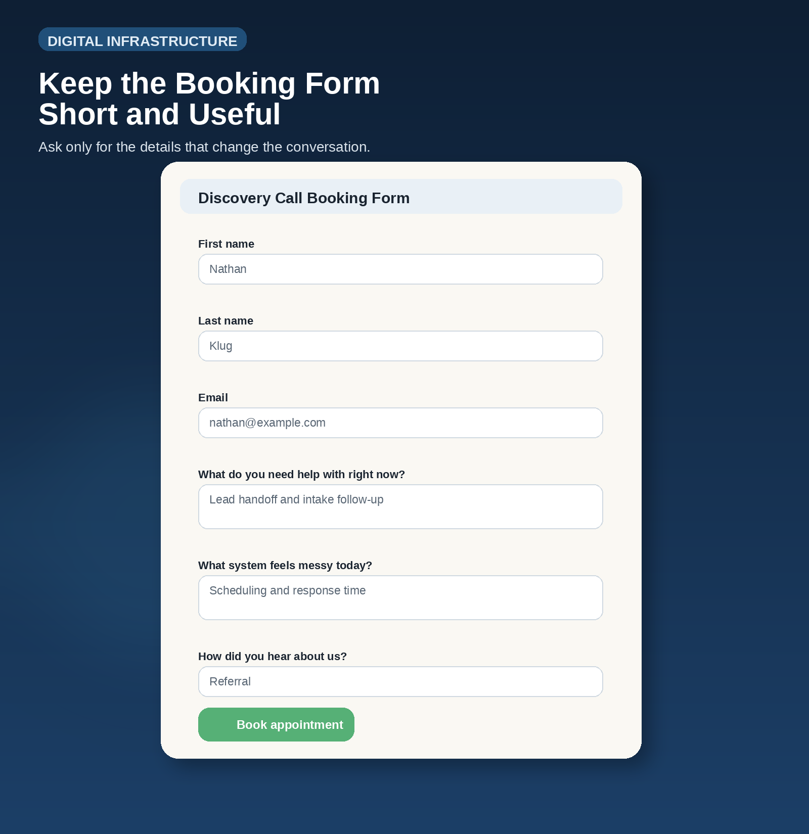 A clean appointment booking form with name, email, and three short intake questions for a service business. A clean appointment booking form with name, email, and three short intake questions for a service business.