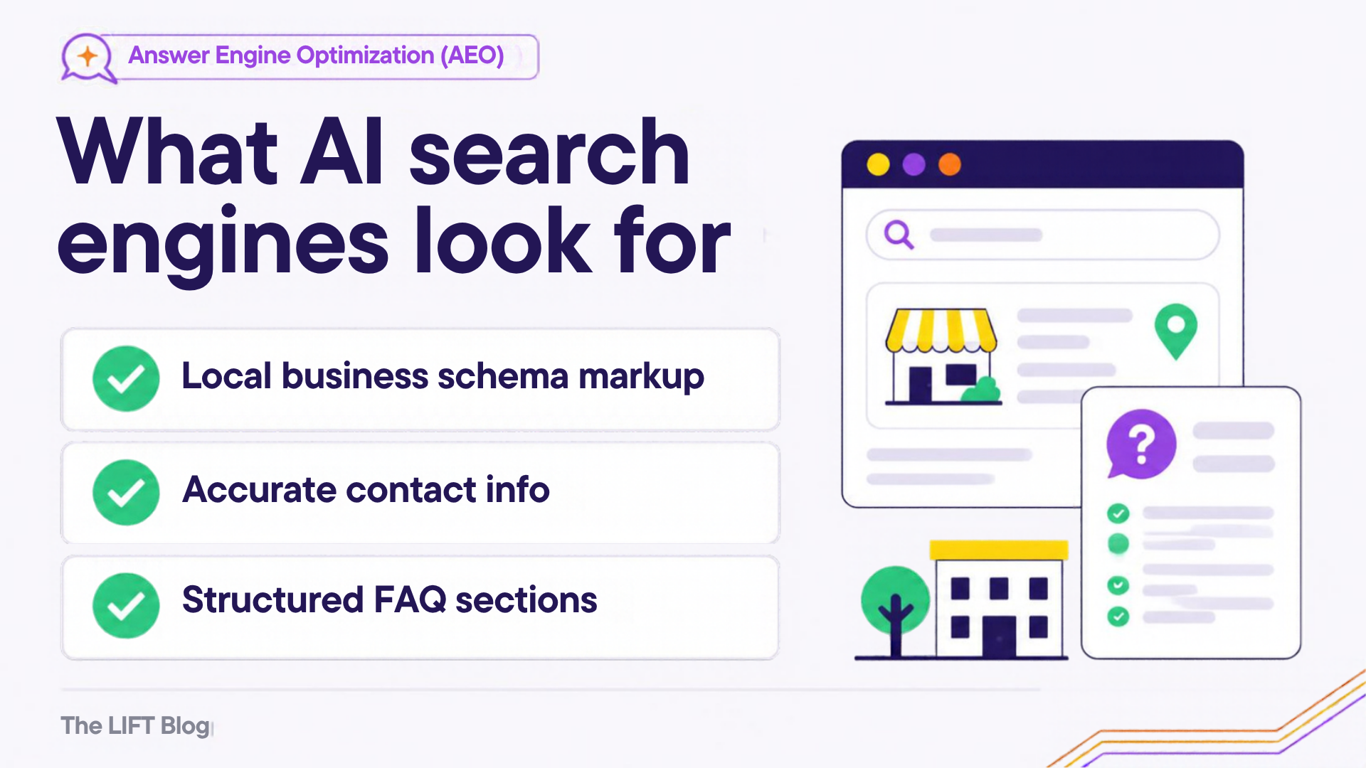 What AI search engines look for. What AI search engines look for: local business schema markup, accurate contact info, structured FAQ sections. What AI search engines look for. What AI search engines look for: local business schema markup, accurate contact info, structured FAQ sections.