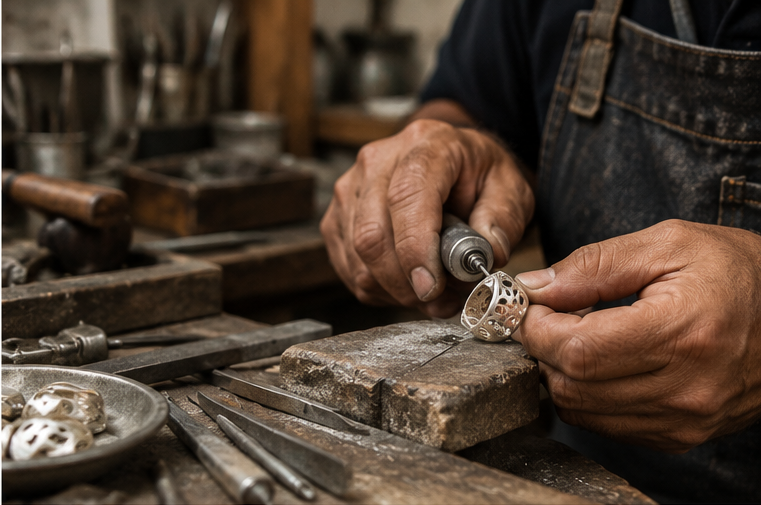 Artesano de Taxco trabajando una pieza de plata