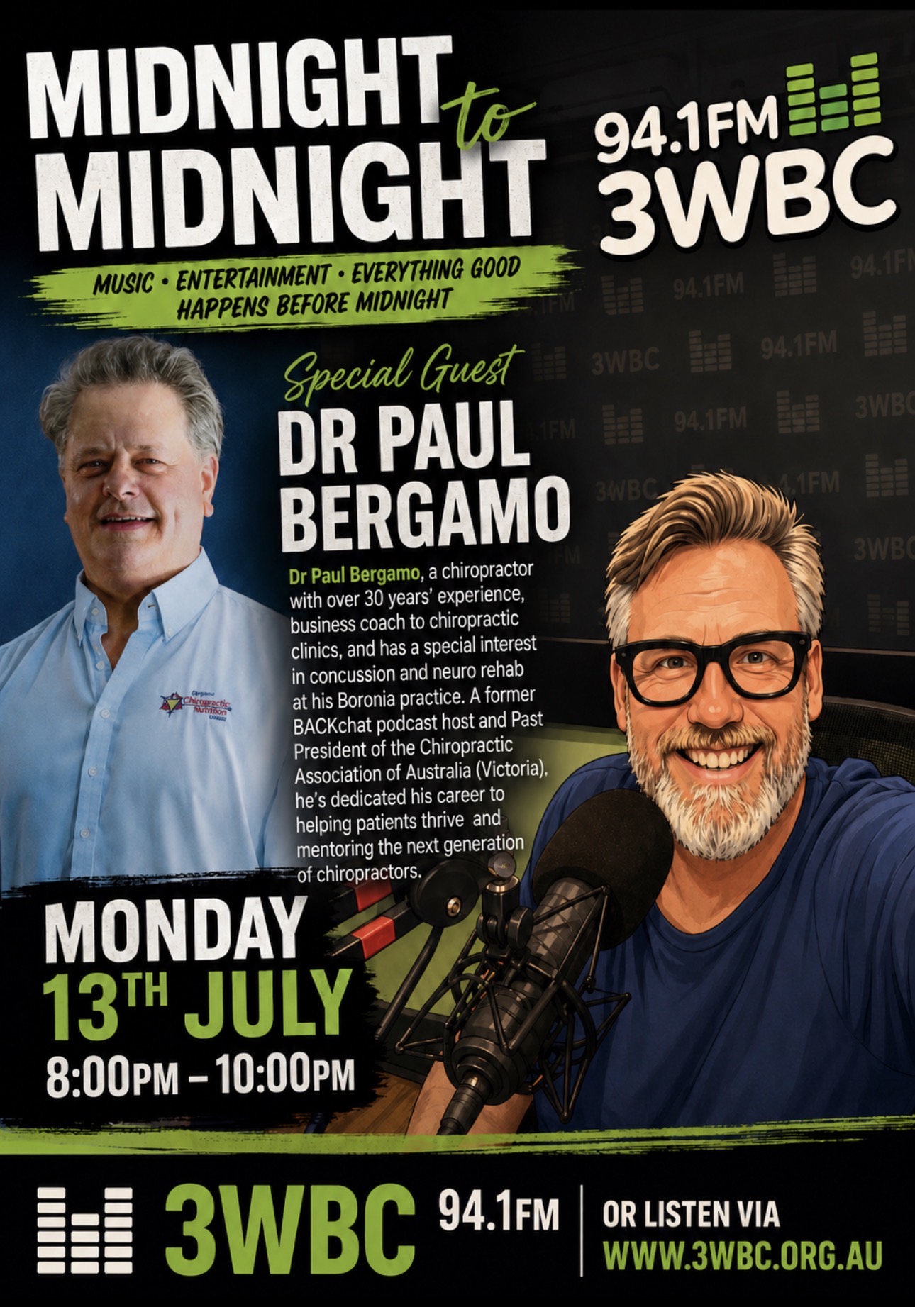 Midnight to Midnight radio interview with Dr Paul Bergamo, 3WBC 94.1FM, Monday 13th July 8pm to 10pm