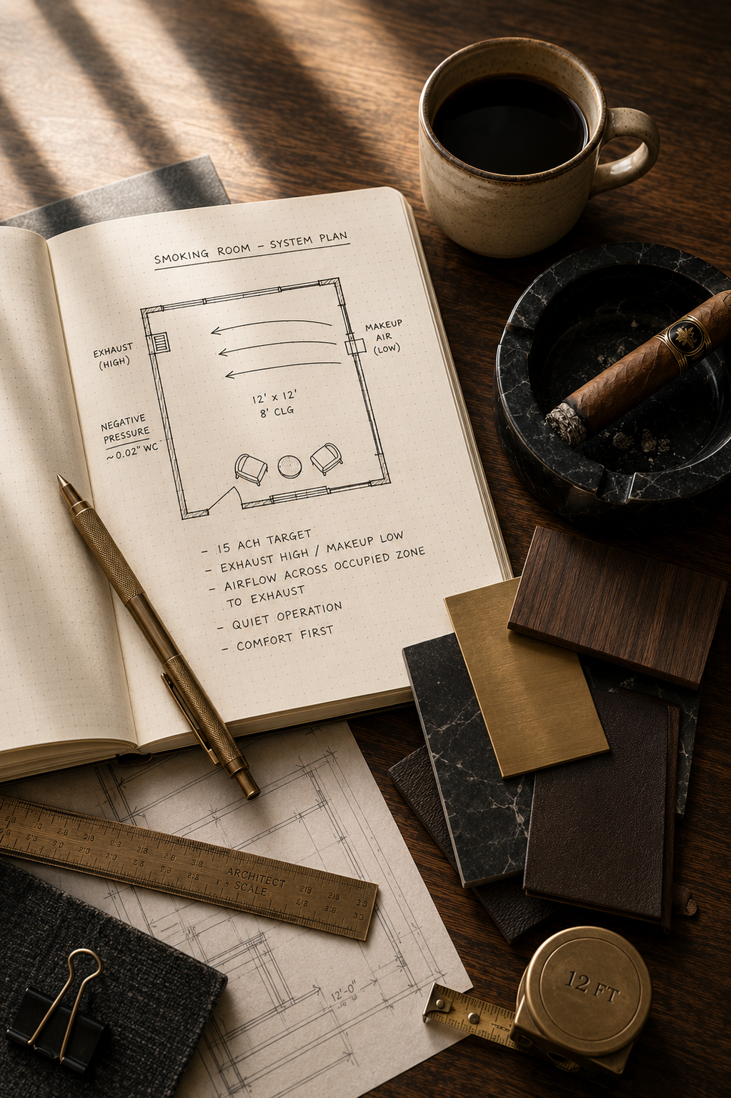 A whiskey glass on leather-bound books beside a slat wood wall