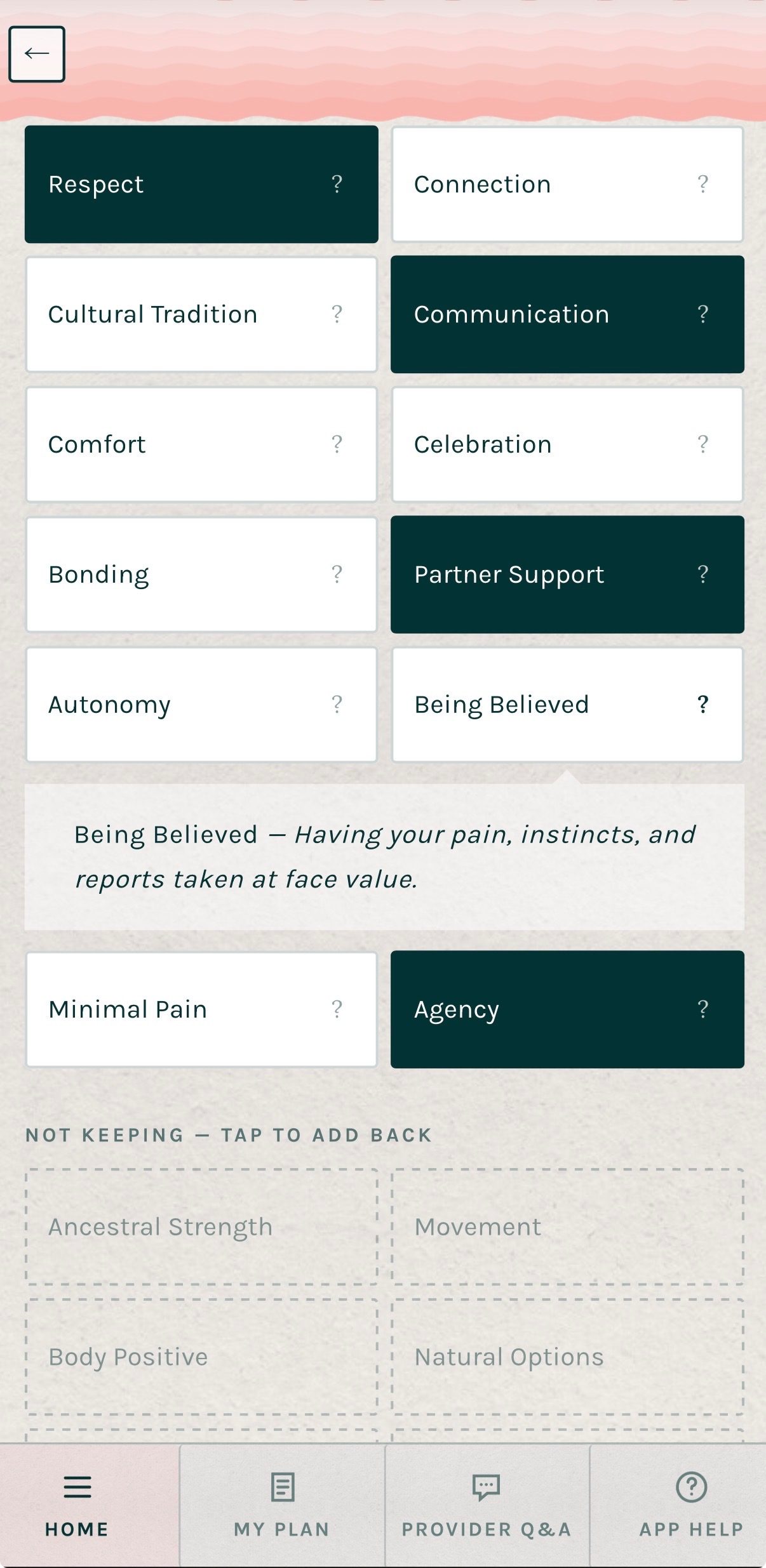 The Values Card Sort screen