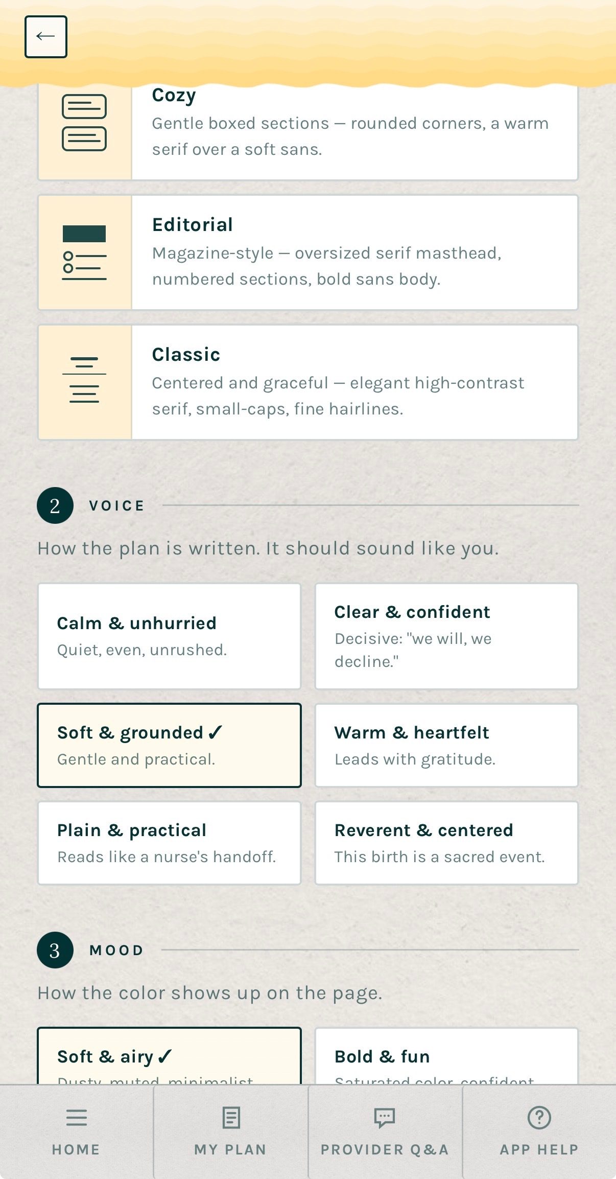 The Birth Plan Builder screen