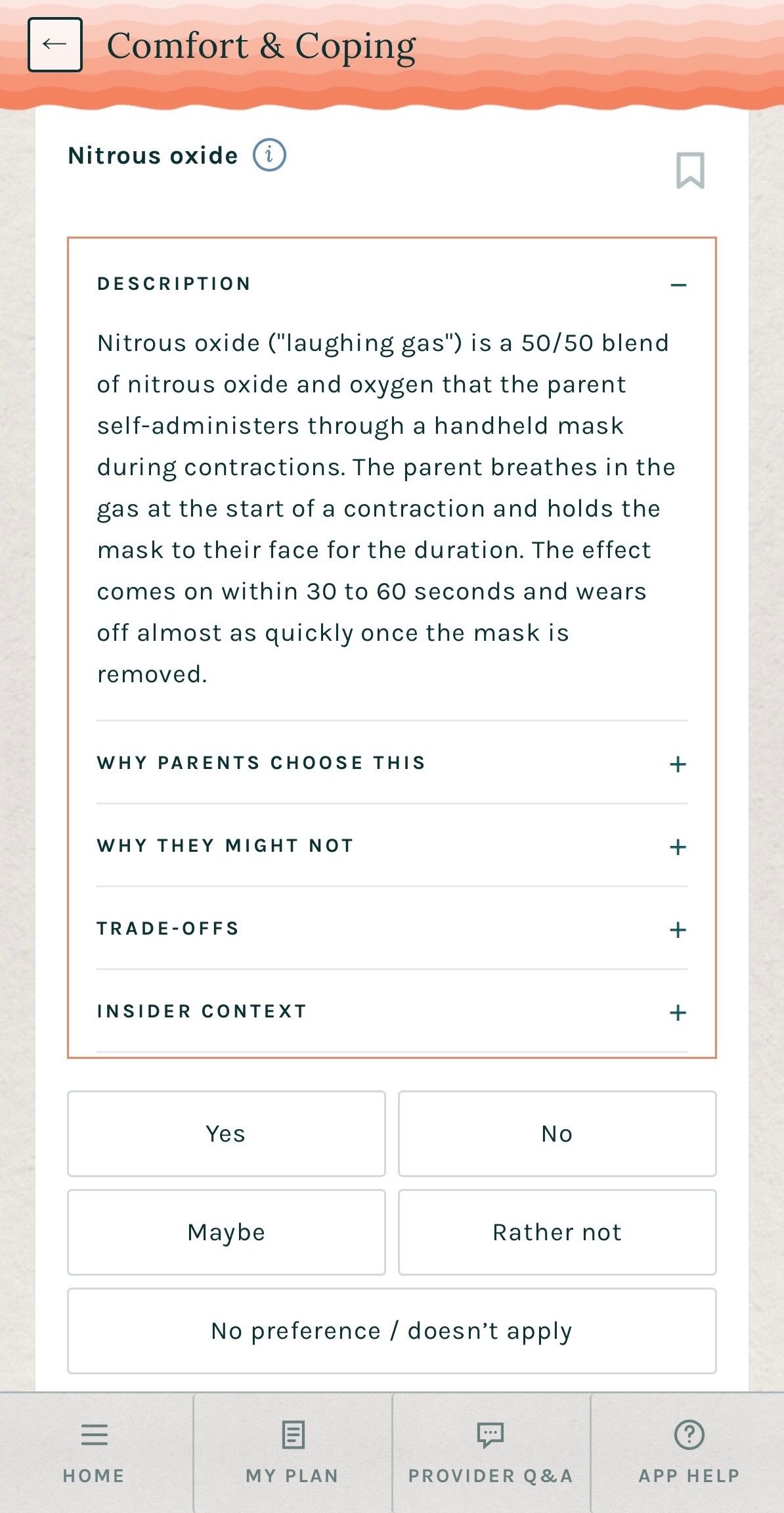 The Birth Option Organizer screen