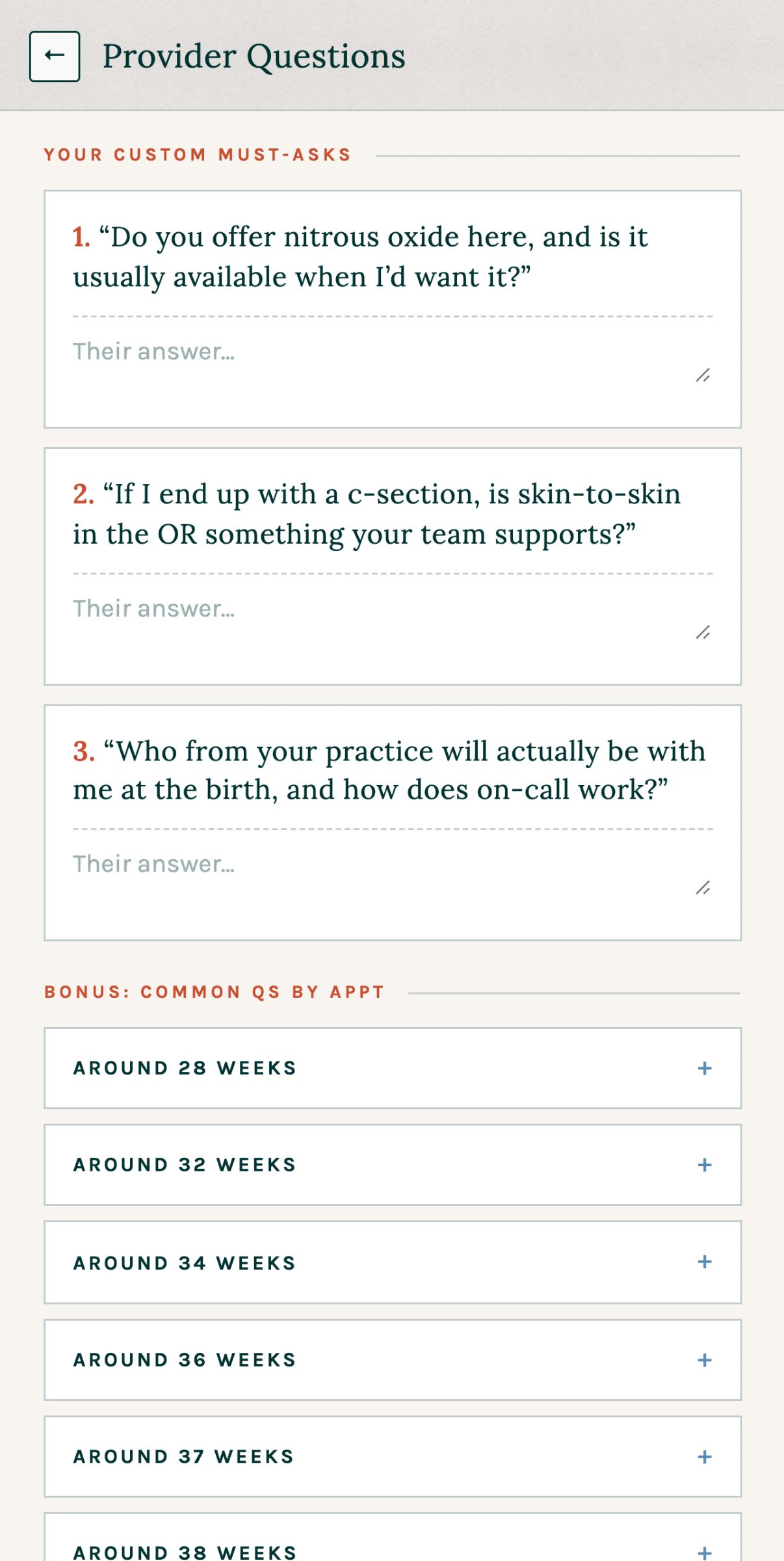 Three custom must-ask questions on the Provider Questions page