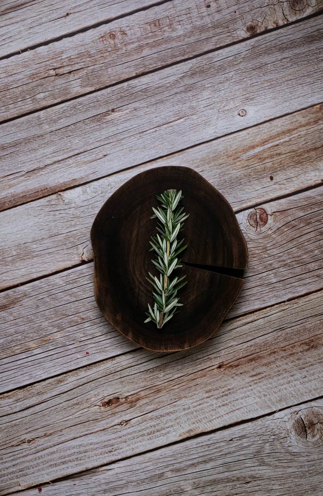 A sprig of fresh rosemary resting on a dark round wooden dish atop weathered grey planks.