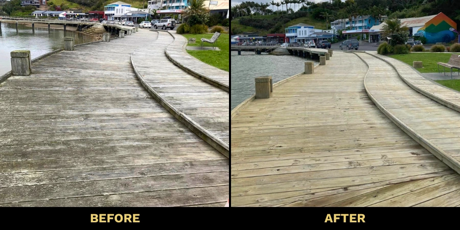 Deck pressure washing job before and after shot