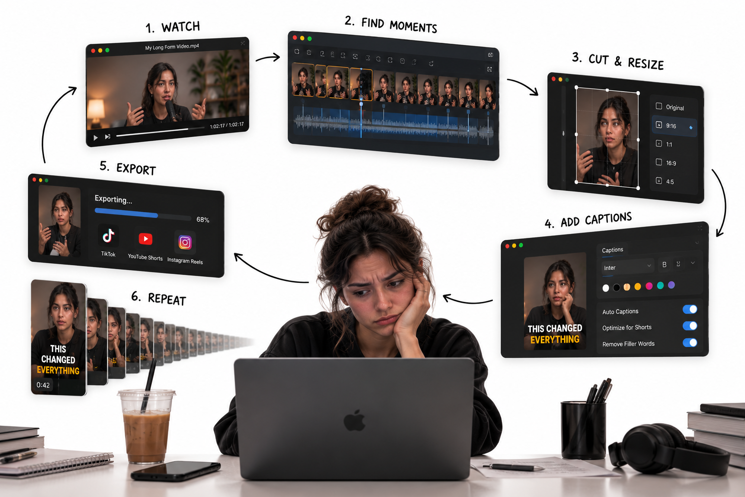 One creator at a laptop manually watching, finding moments, cutting, resizing, captioning, exporting, and repeating
