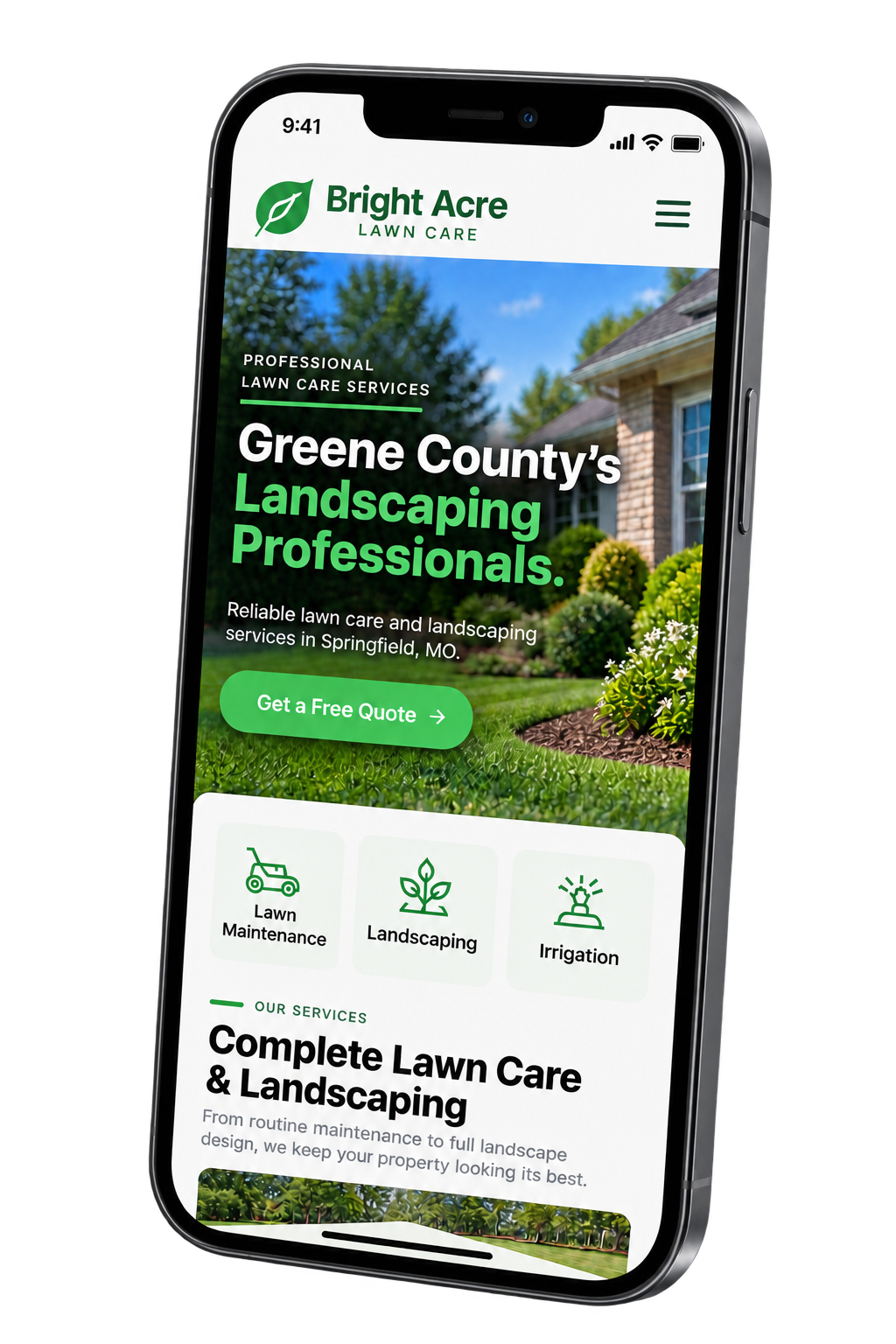 Greene County's Landscaping Professionals website displayed on a mobile phone