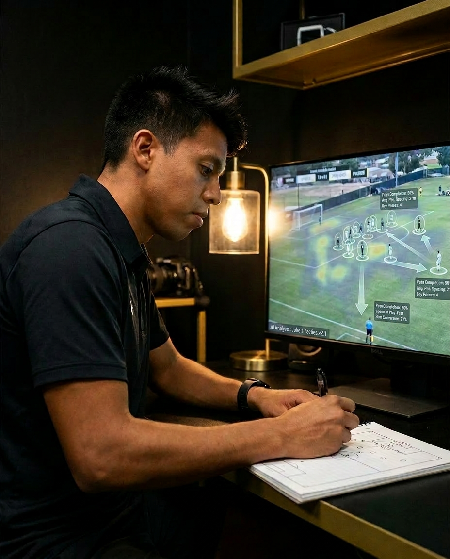Coach Julio analyzing match footage in the film room