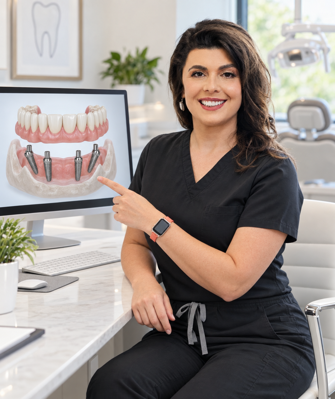 Dr. Xhoana Gjelaj showing a full-arch implant plan on screen