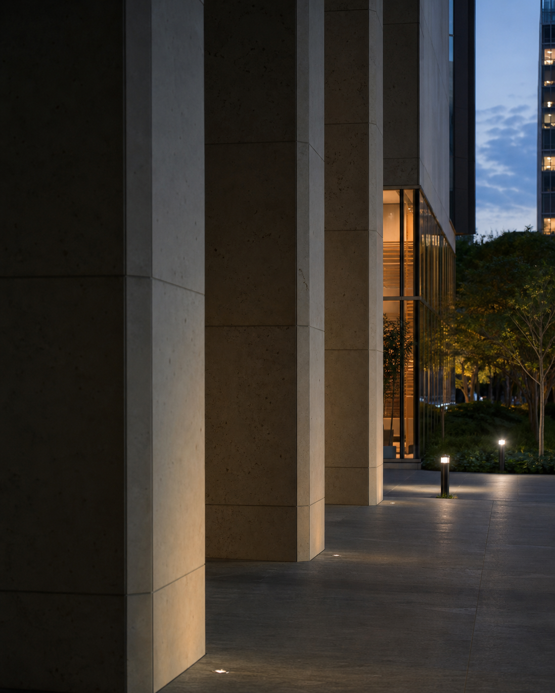 Architectural colonnade at blue hour