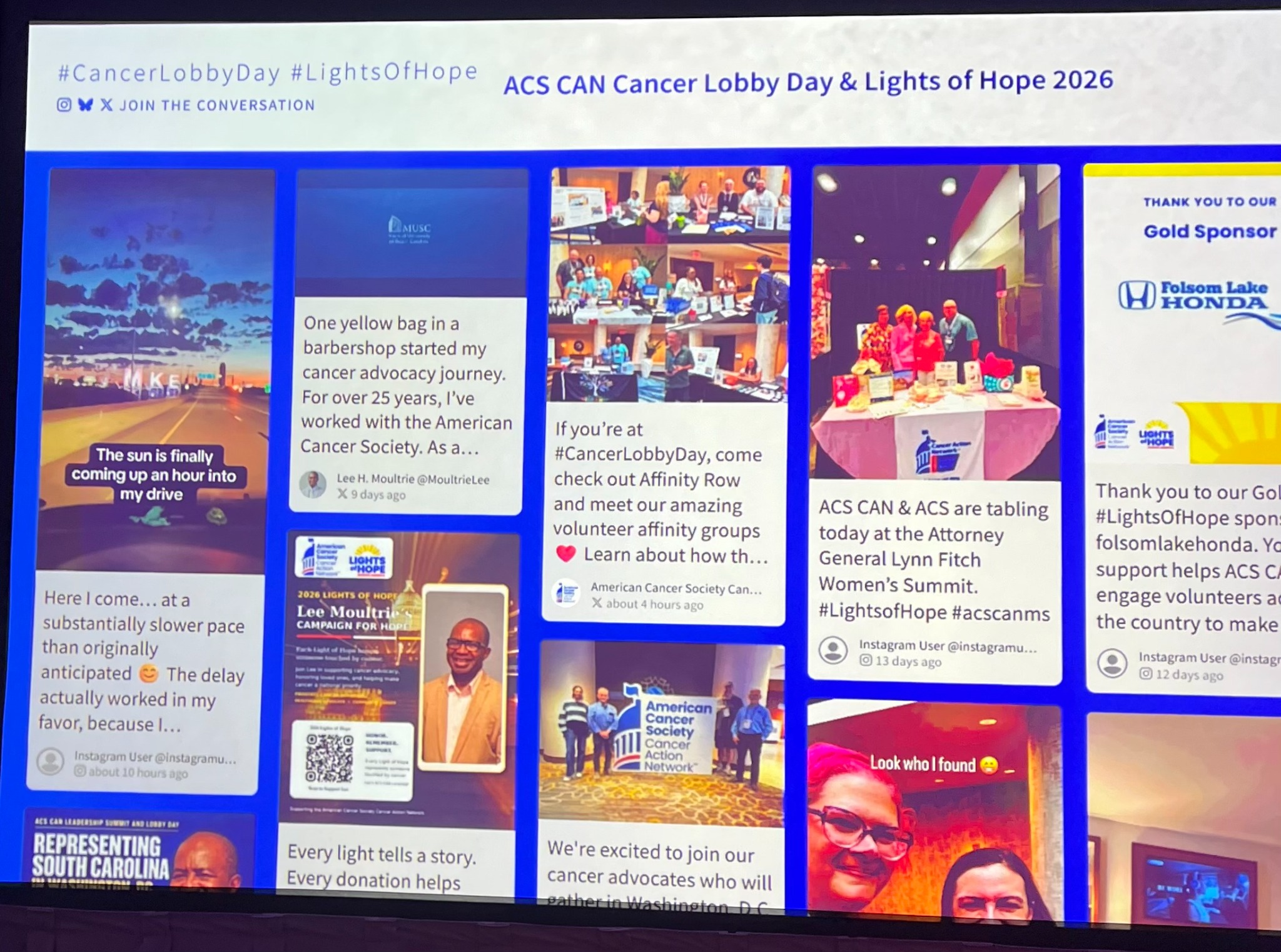 ACS CAN Cancer Lobby Day and Lights of Hope 2026 social media wall featuring advocacy posts