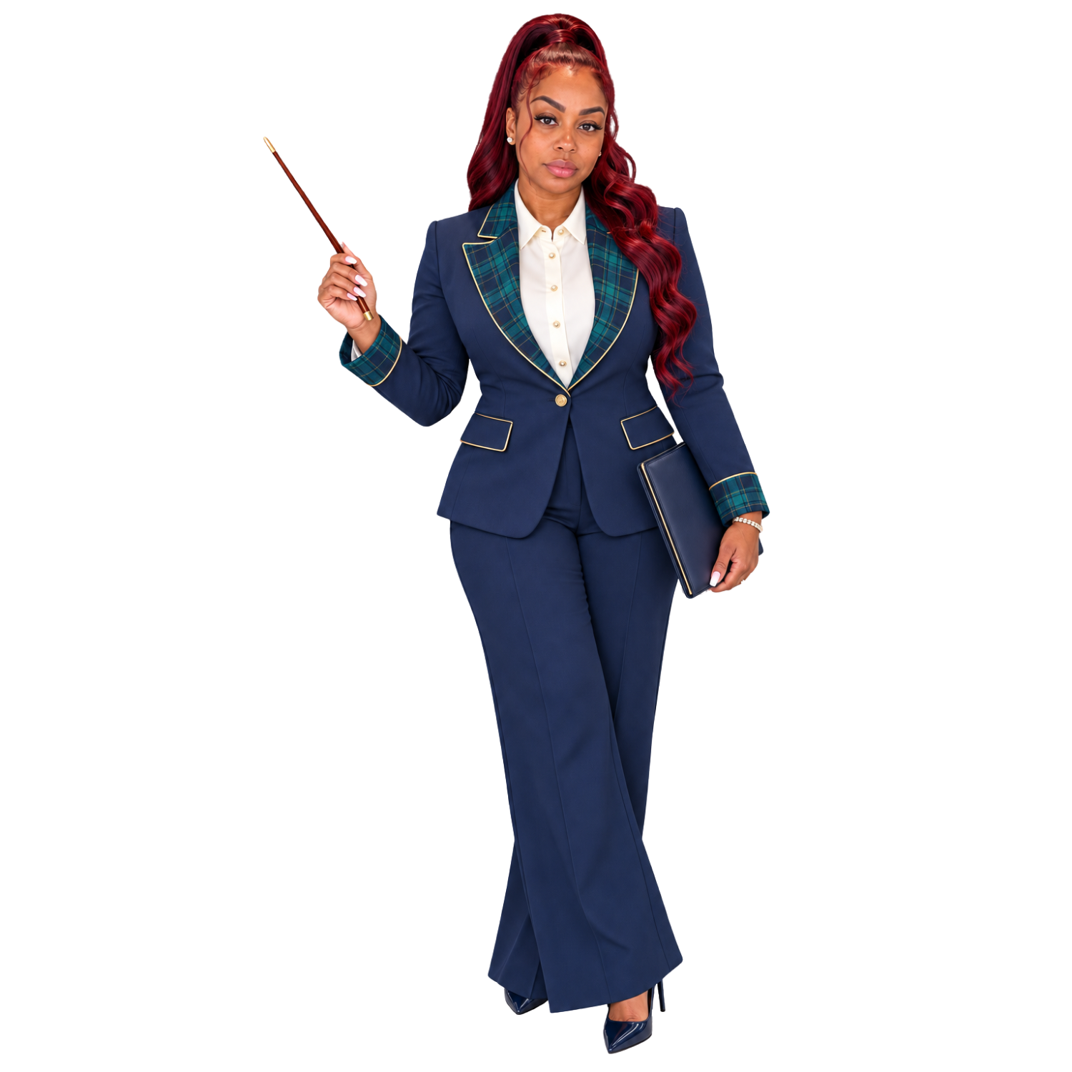 Victoria E. holding a presentation pointer