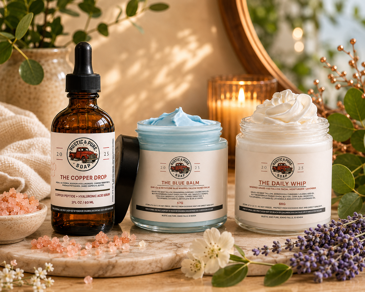 Pure Tallow 3-Step Skincare Set — The Copper Drop, The Daily Whip, The Blue Balm