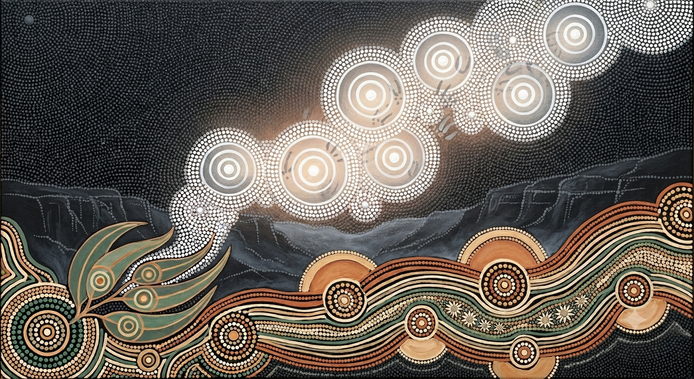 Returning to the Dreaming - Sacred transition paths and traditional mourning ceremony visual artwork