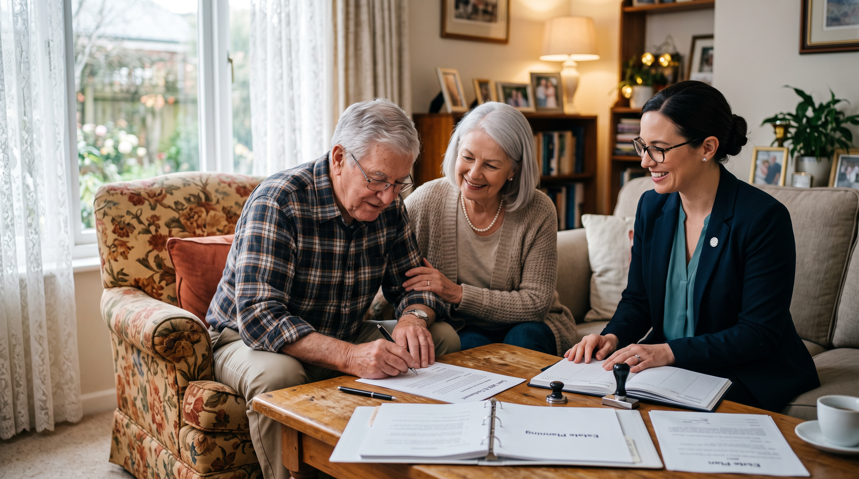 Notary assisting a couple with estate documents