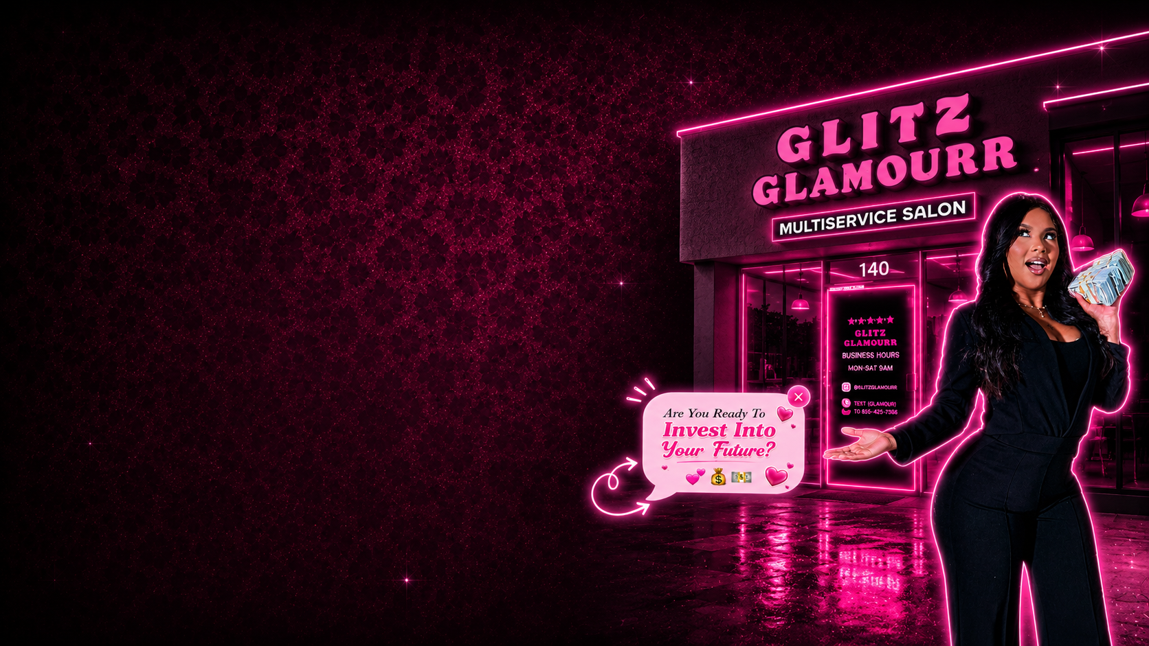 Glitz Glamourr lash artist outside the Pink Mansion salon