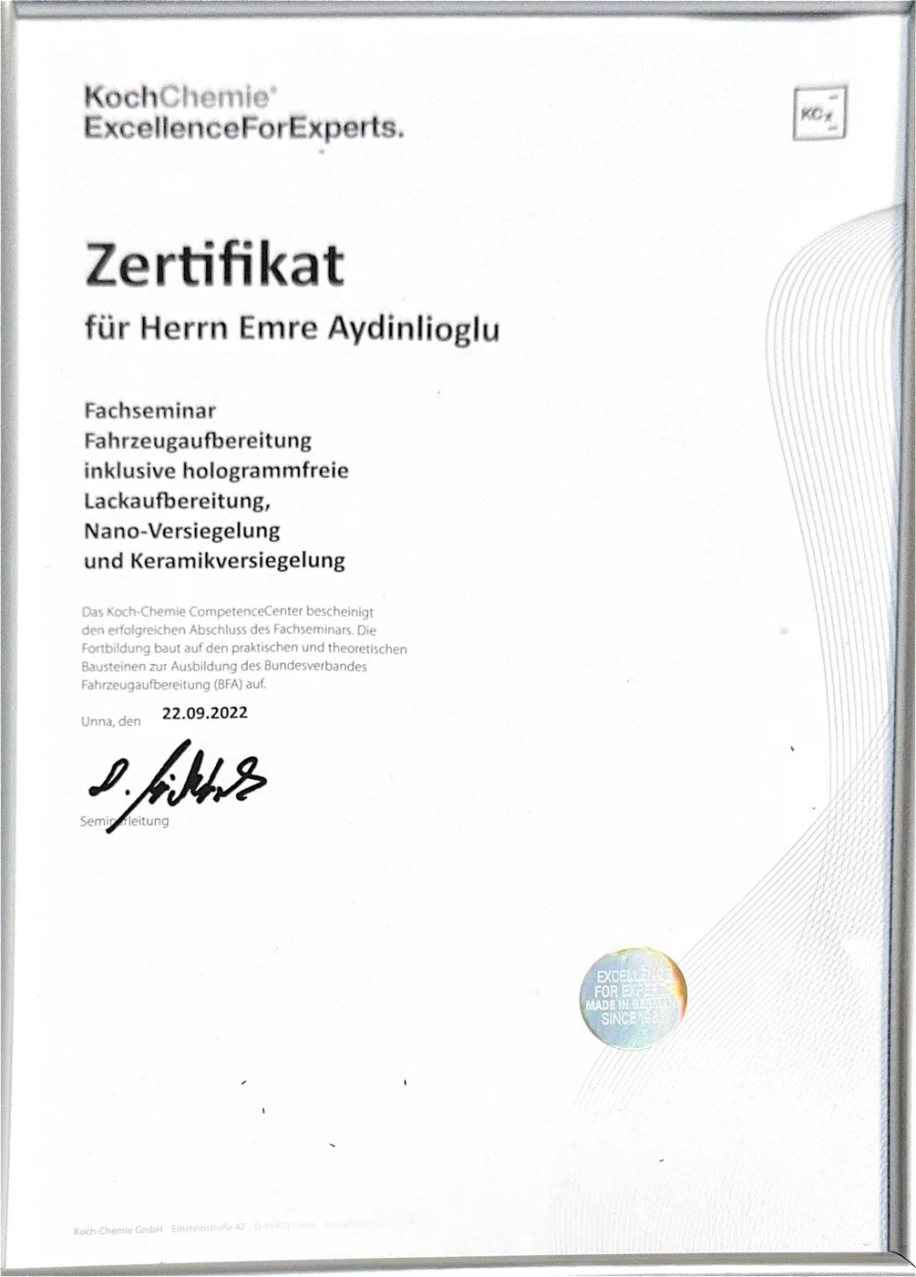 KochChemie Fahrzeugaufbereitung Zertifikat – EA Polishing Studios