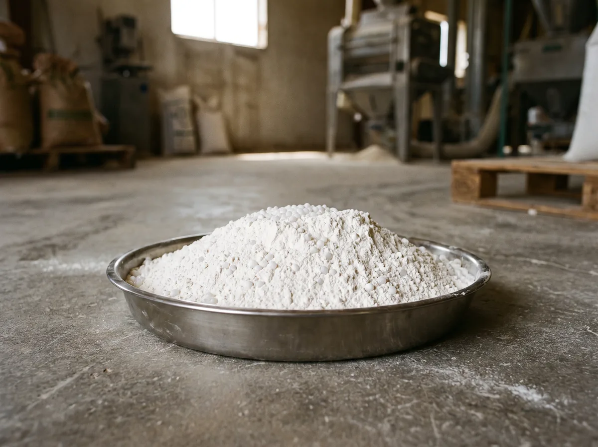 Rumen bypass fat, a fine white powder, in a steel dish on the mill floor